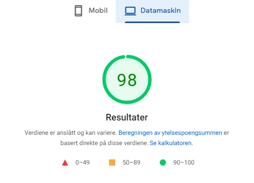 PageSpeed Insights score på 98