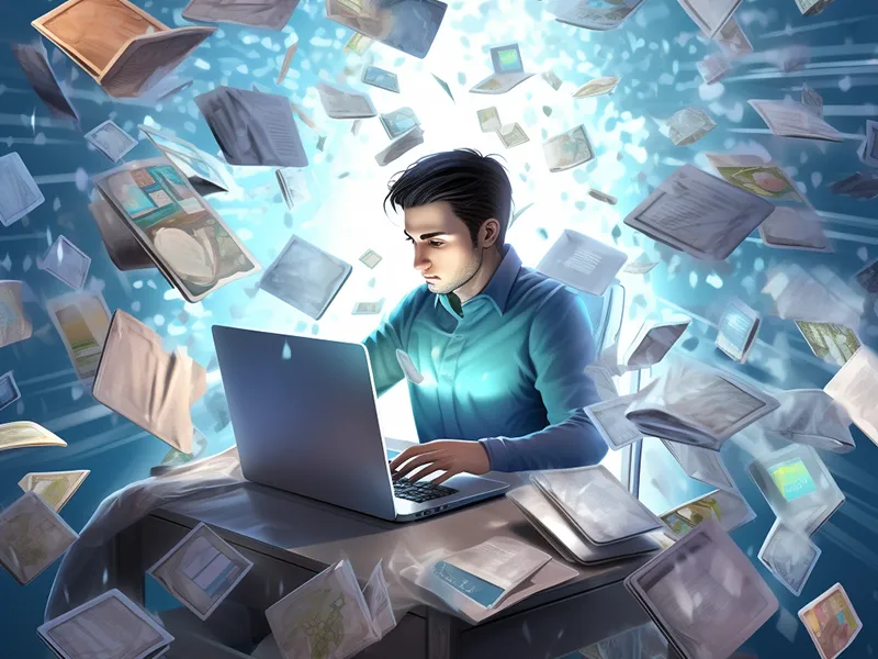Mann foran laptop, eposter flyr rundt som spam. Illustrasjon.